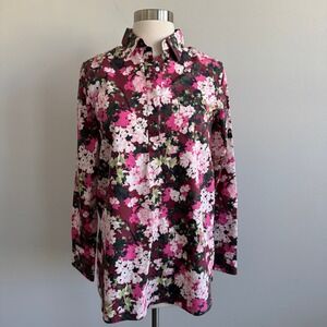 Lands End No Iron Supima Cotton Floral Tunic Red Pink Long Sleeve Popover Size 2